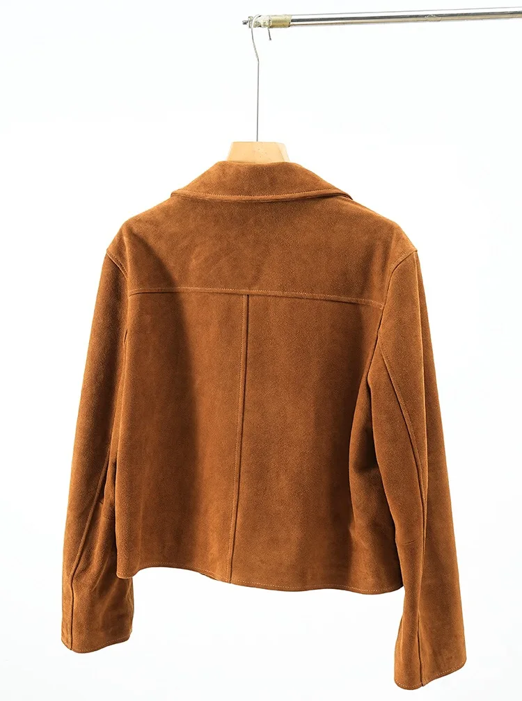 Giacca in pelle scamosciata retrò per bambini per donna Cappotto corto corto a maniche lunghe con colletto rovesciato di alta qualità Mujer