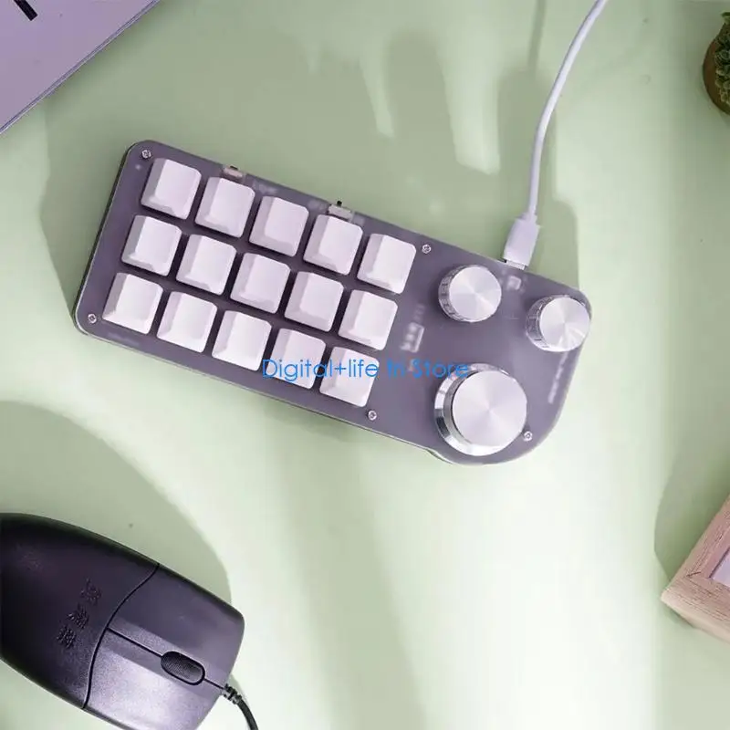 

E06D Efficient 15 Key Mini Keyboard with 3 Knobs RGB Light Perfect for Gamers, Video Editors, and Programmers