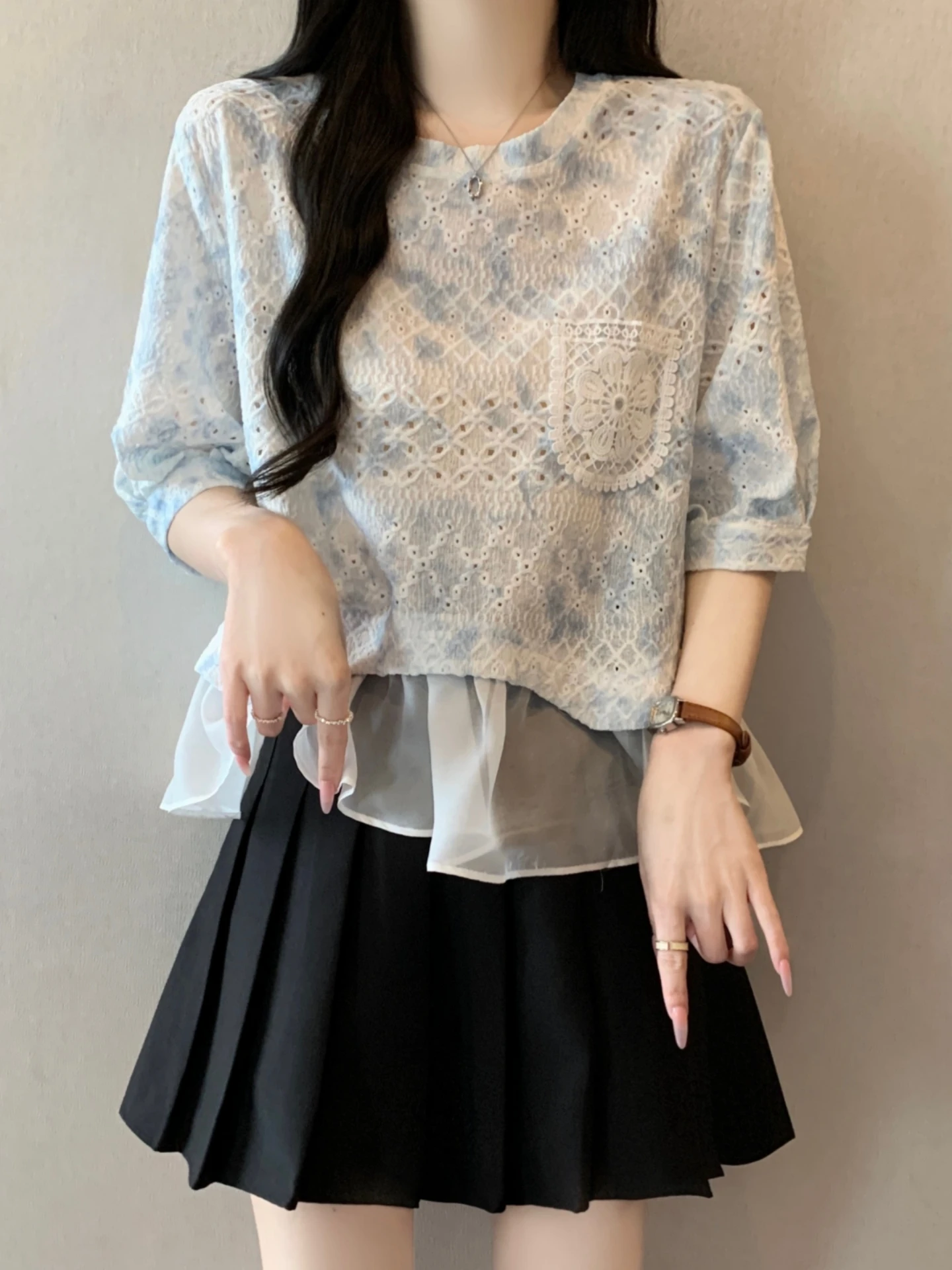 

Women's Summer Short Sleeve Shirt Tie Dye Hollow out Splice Design Korean Style Loose Fit Breathable round Neck Top
