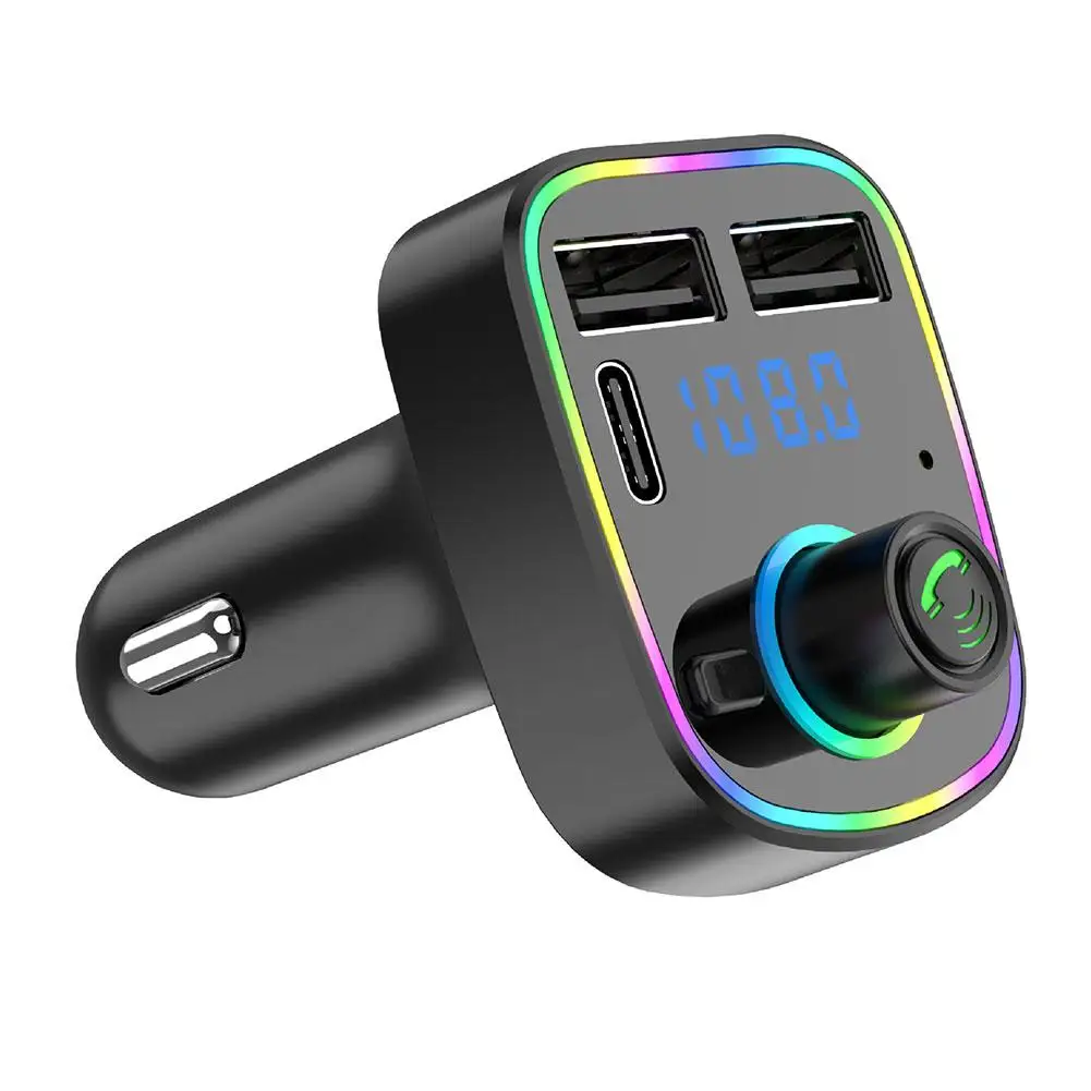 Car Bluetooth 5.0 FM Transmitter PD Type-C Dual USB 3.1A Fast Charger Colorful Ambient Light Handsfree MP3 Modulator Player