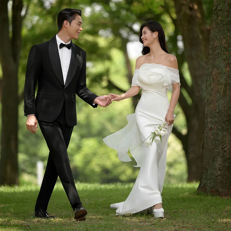 

Off-Shoulder Satin Mori Style Light Wedding Dress New Mermaid Simple Slimming Outdoor Dress Travel Photography Reception Gown