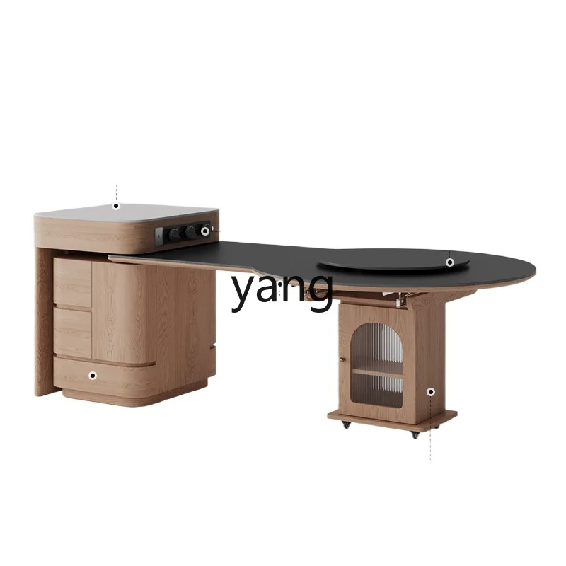 

ZL solid wood dining table integrated retractable with induction cooker variable round table tea table