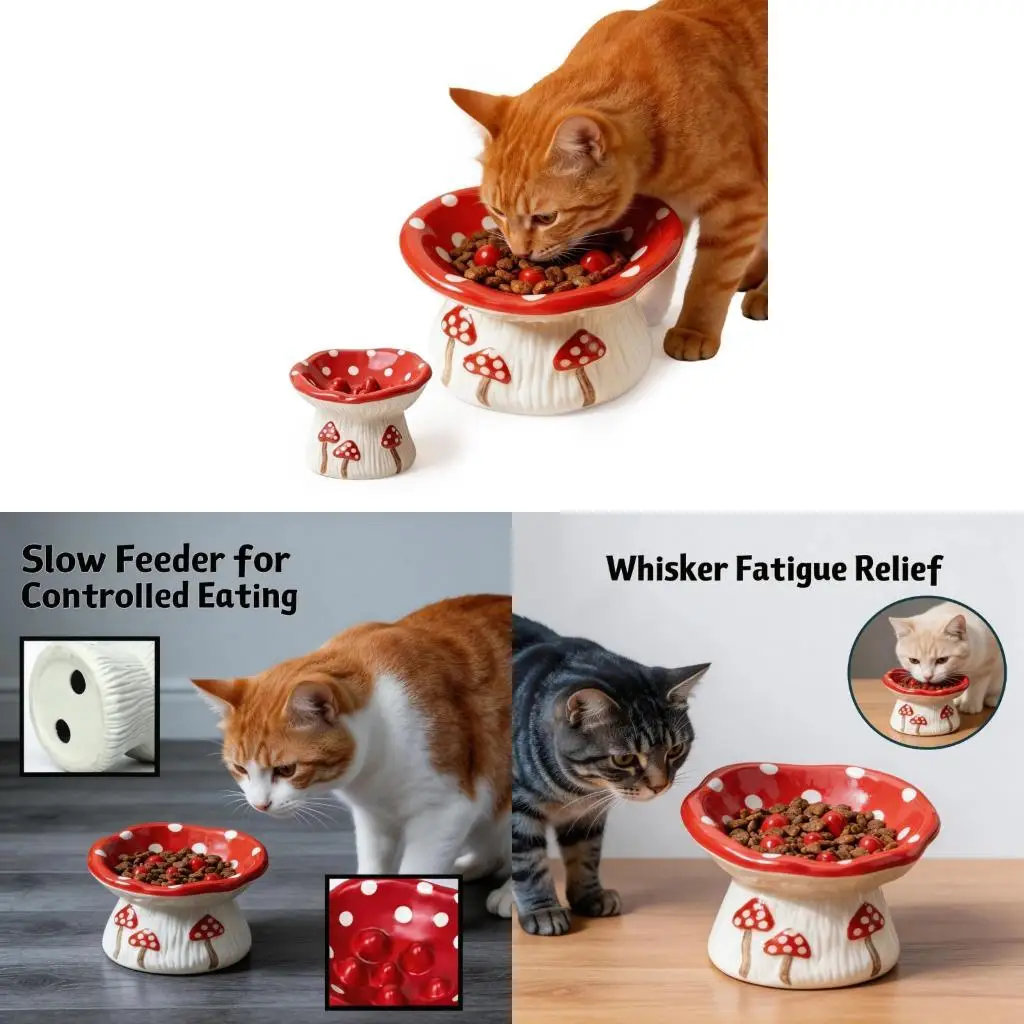 62KD Artistic Mushroom Pet Slow Feeder Bowl Ceramic and Water Bowl for Small Dog Cats Easy To Clean Feeding Dish