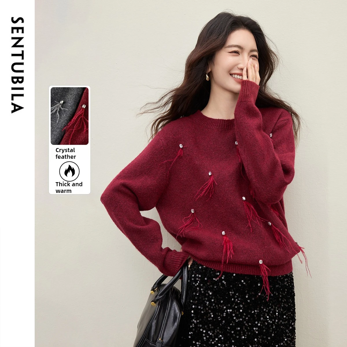 

SENTUBILA Crystal Feather Embroidered Pullover Women 2025 Autumn O-Neck Wool Blend Knitwear Thick Warm Loose Fit Top W54EE3878