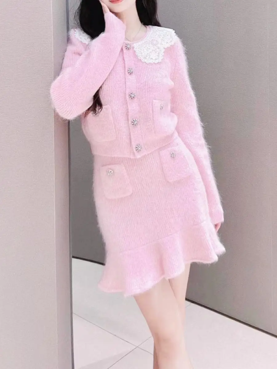 Autumn Winter Women Pink Knitted Set Lace Spliced O-Neck Long Sleeve Cardigan or Rhinestone Buttons High Waist Mini Skirt