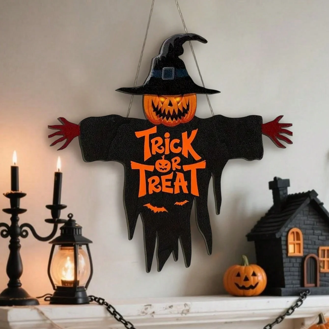 1 Stück 2D-Halloween-Holzschild „Trick-or-Treat“, Monster-Gesicht, Kürbis-Design, Seilaufhänger, Veranda, Wand oder Halloween, Gartenparty, Dekoration