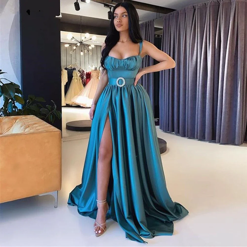 

Customized Evening Dress Green Satin Sgaphetti Straps Lace up Slit A-Line Floor-Length Plus size Women Formal Party Gown H904