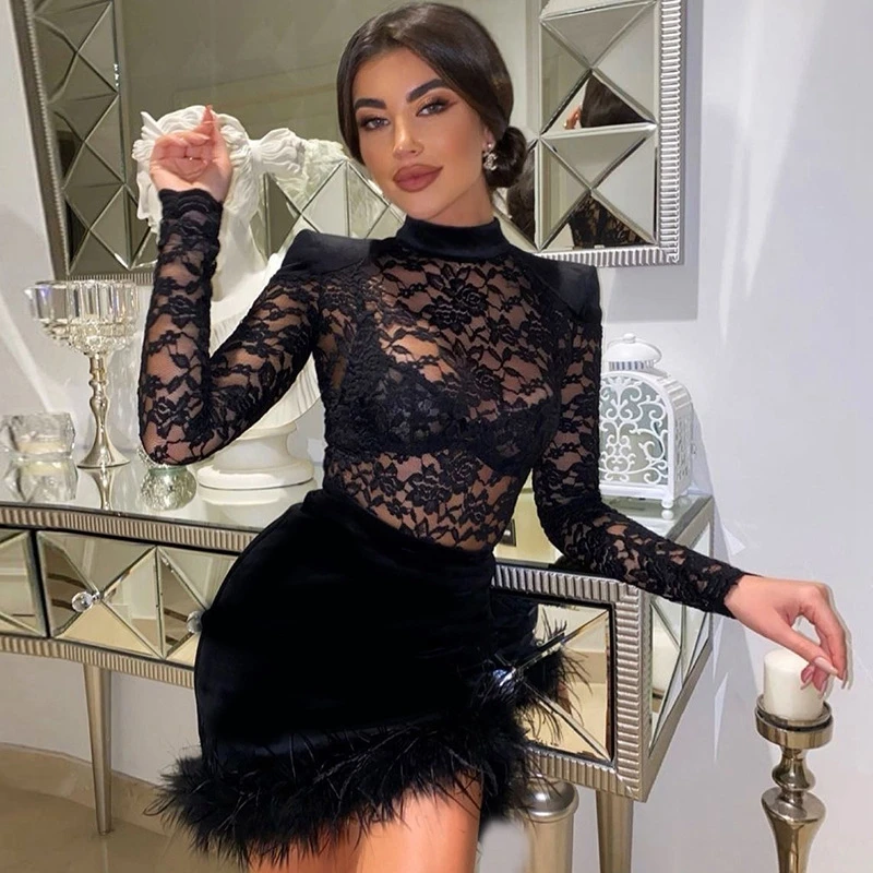 

Women Dress Black Sexy Lace Suede Feather Hem Short Dresses Daring Birthday Outfits Women's Luxury Party See Through Mini Skirt