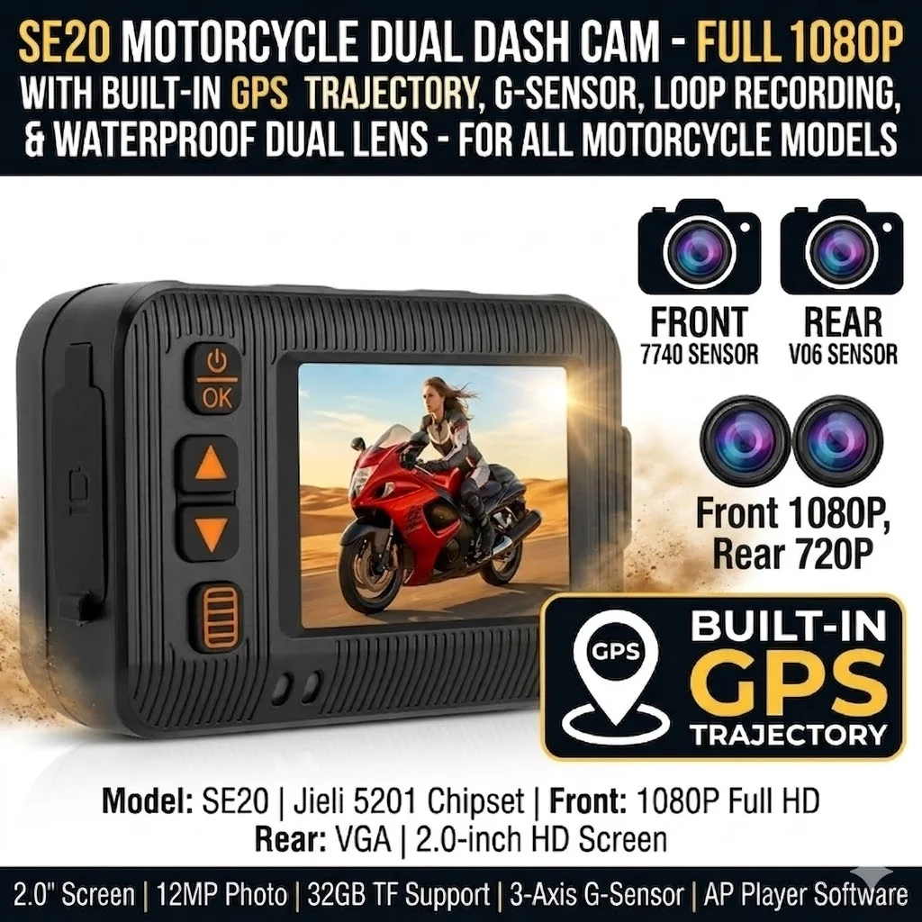 

SE20 Motorcycle Dash Cam Dual Lens 1080P/720P Motor Dashcam Built-in GPS Trajectory Waterproof 2.0" Screen G-Sensor Loop Record