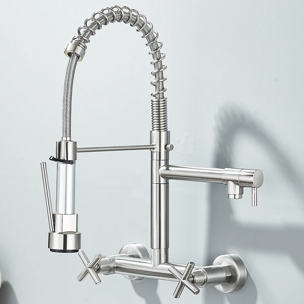 Uittrekbare keukenkraan Wandmontage Lente Warm Koud Water Dubbele uitloop Keukenkraan 20 cm afstand voor twee gaten