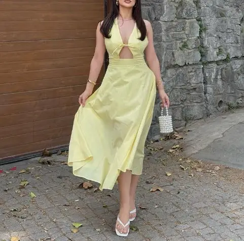 

Women Dress 2025 Autumn Solid Color Sleeveless Deep V-Neck Hanging Neck Bareback Strap Summer Latest Hot Selling Fashion Dress