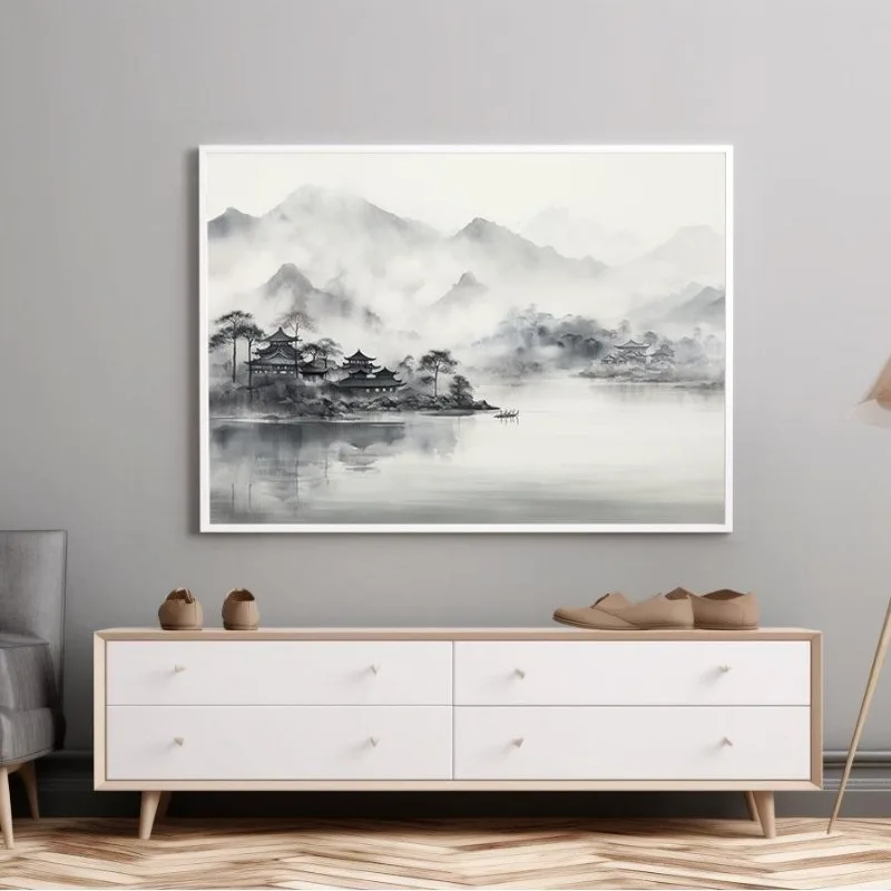 Japanese Ink Painting Landscape Watercolor Minimalist Canvas Poster Mountain River Bird Picture Wall Living Room Home Decoration