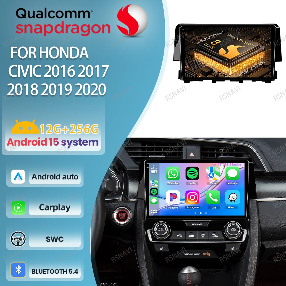 

Автомобильное радио Android 15 для Honda Civic 2016 2017 2018 2019 2020 5G WIFI QLED DSP Мультимедийный GPS Viedo Плеер Головное устройство Навигация