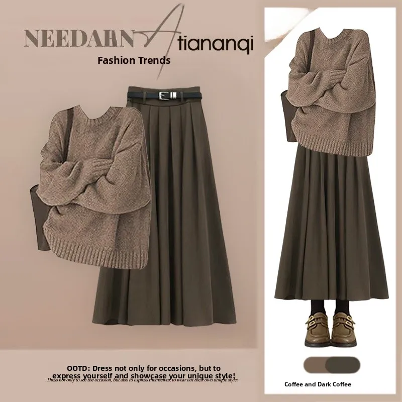 

Ele Knitted Sweater And High Waist Skirt Set for Women Spring 2026 Two Piece Suite Retro Feel Slimming Faion