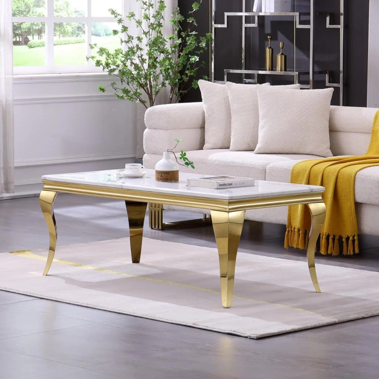 Gold Coffee Table, White and Gold Rectangle Living Room Tea Table, 48 inche Sofa Coffee Table for Living Room, Guest Hall