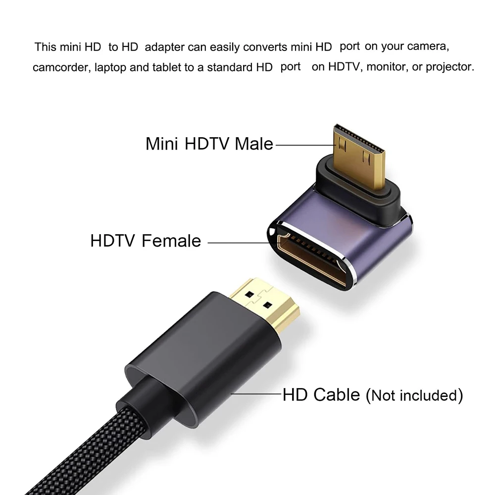 Mini-HD to HD2.0 8K UHD 48Gbps 90 Degree Up/Down/Left/Right Angle Adapter for Laptop Tablet Camera Camcorder HDTV Monitor