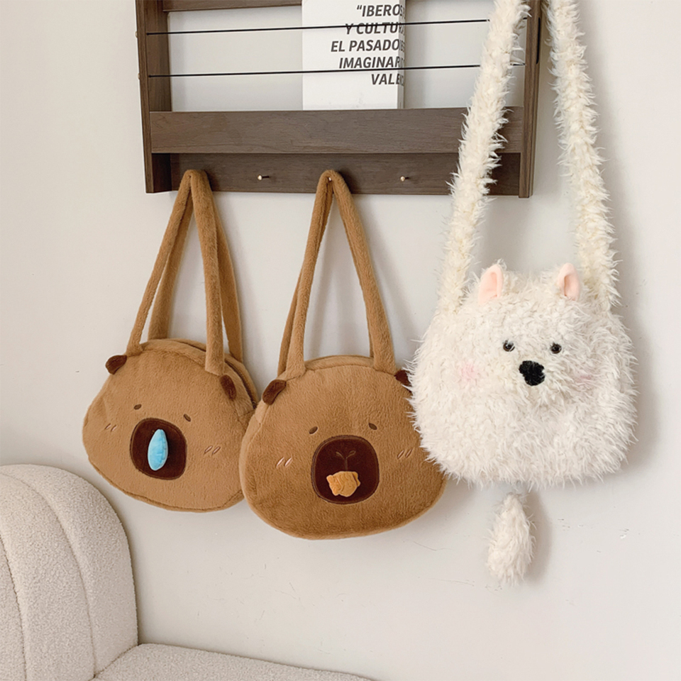 Cute Capybara & Samoyed Plush Crossbody Bag Lightweight Polyester Spacious Zipper Shoulder Bag for Travel Photography Daily Use