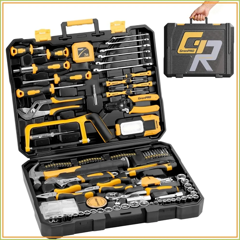 

218-Piece Household Tool Kit with Screwdrivers, Wrench, Hammer, Saw, Work Light, and Electric Tester for Home Maintenance