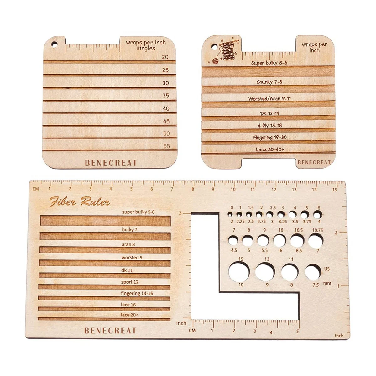 3 Style Wood Knitting Needle Gauge and Ruler, Spinning Control Card Knitting Tool for Spinners Yarn Measuring Tools