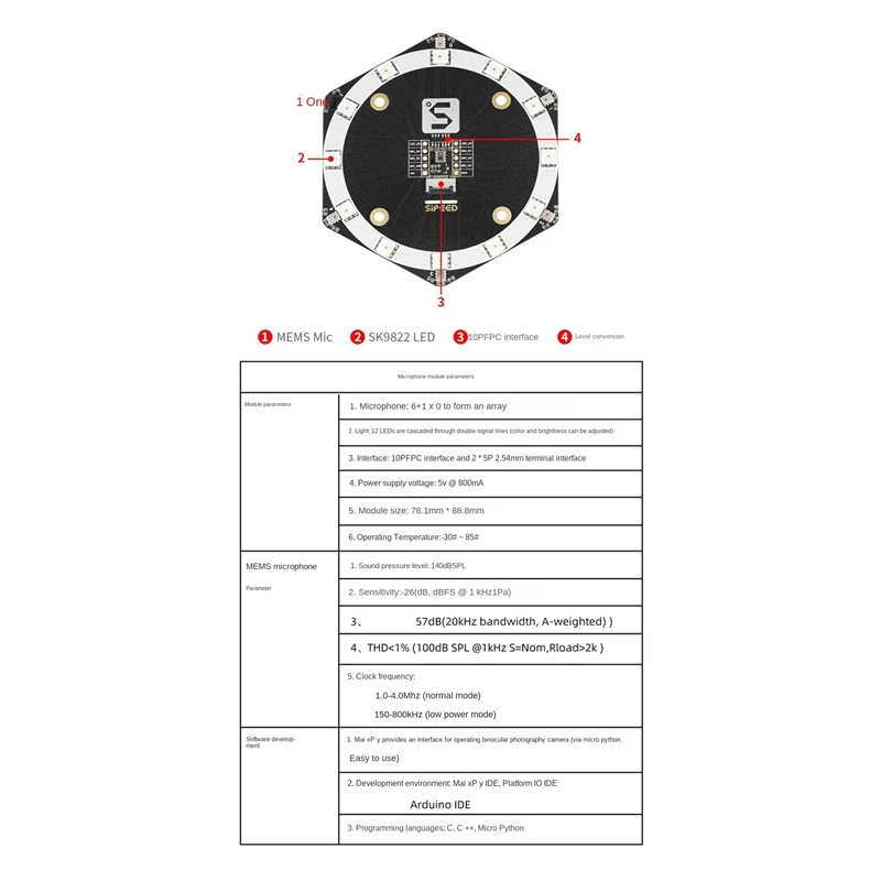 Mic6 Microphone Array Sound Source Location Tracking Module Expansion Board MSM261S4030H0 AI With 12 SK9822 LED