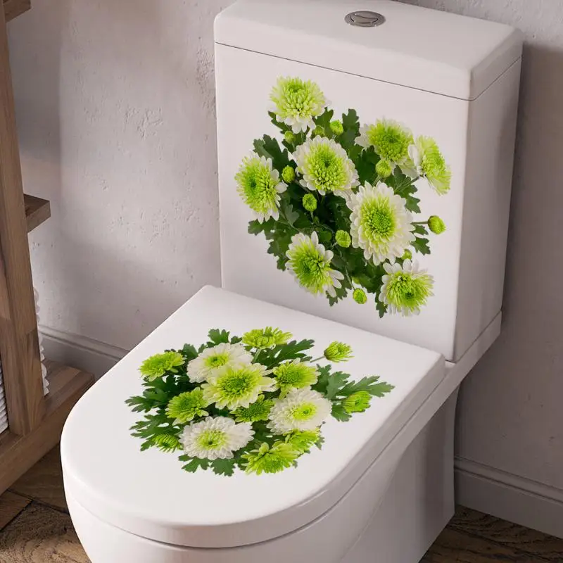 Durable Green White Chrysanthemum Toilet Stickers Waterproof Fade-Resistant Bathroom Tank Lid Decor for Long Term Use