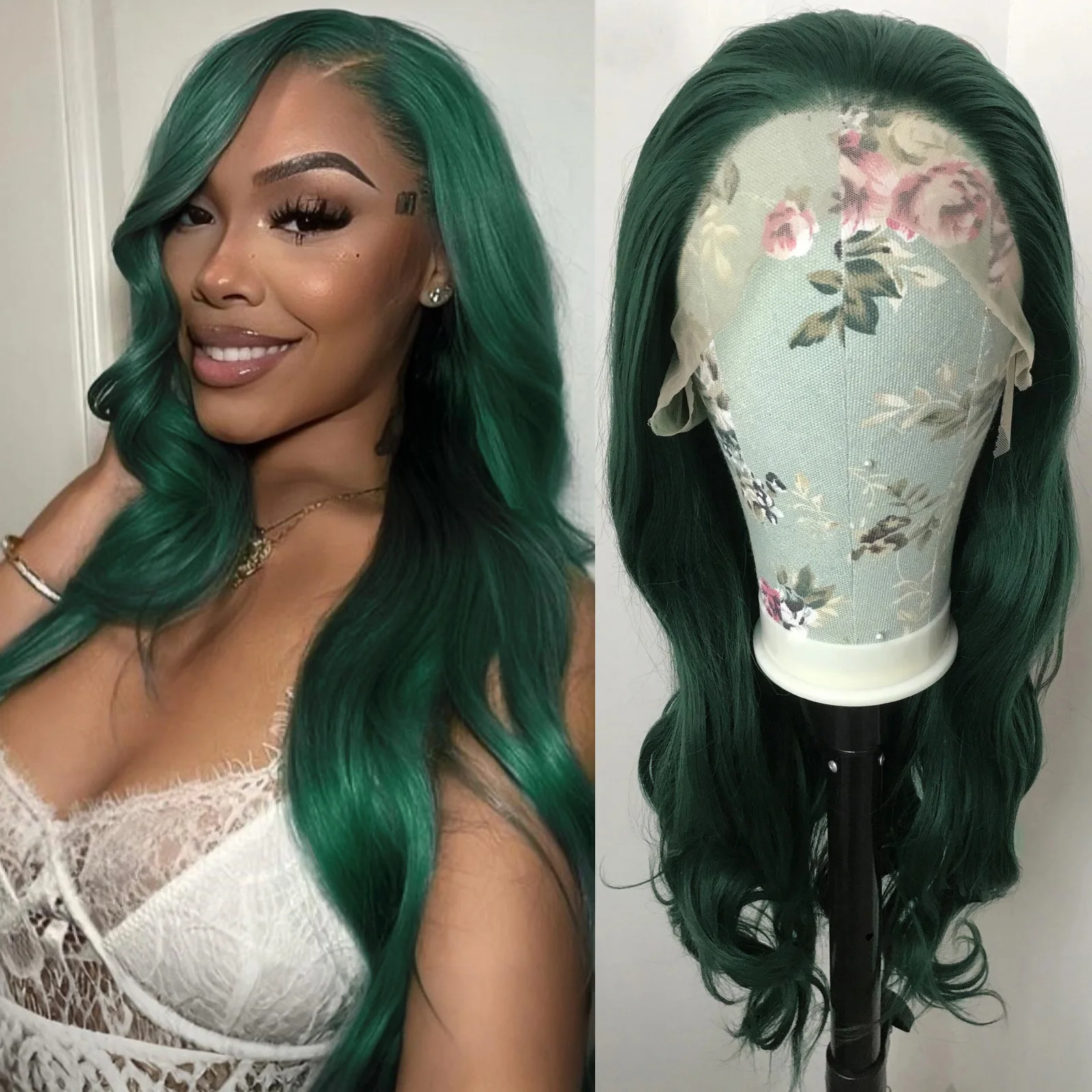 

Long Curly Wavy Natural Wave Synthetic Hair Free Part Dark Green Body Wave Glueless Pre Plucked 13X4 Lace Frontal Wigs for Women