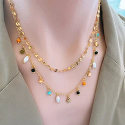 Stainless Steel Double Layers Colorful Pearl Round Piece Necklace for Women 18k Gold Plated Party Wedding Jewelry Accessories