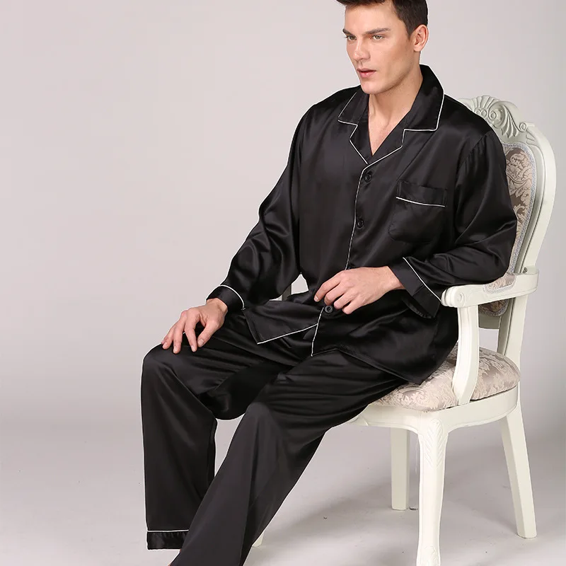 Black Satin Pajamas Spring New Men Sleepwear Nightwear Full Sleeves Pj Pijama Home Clothes 2 Pieces Set Loose Pyjama Loungewear