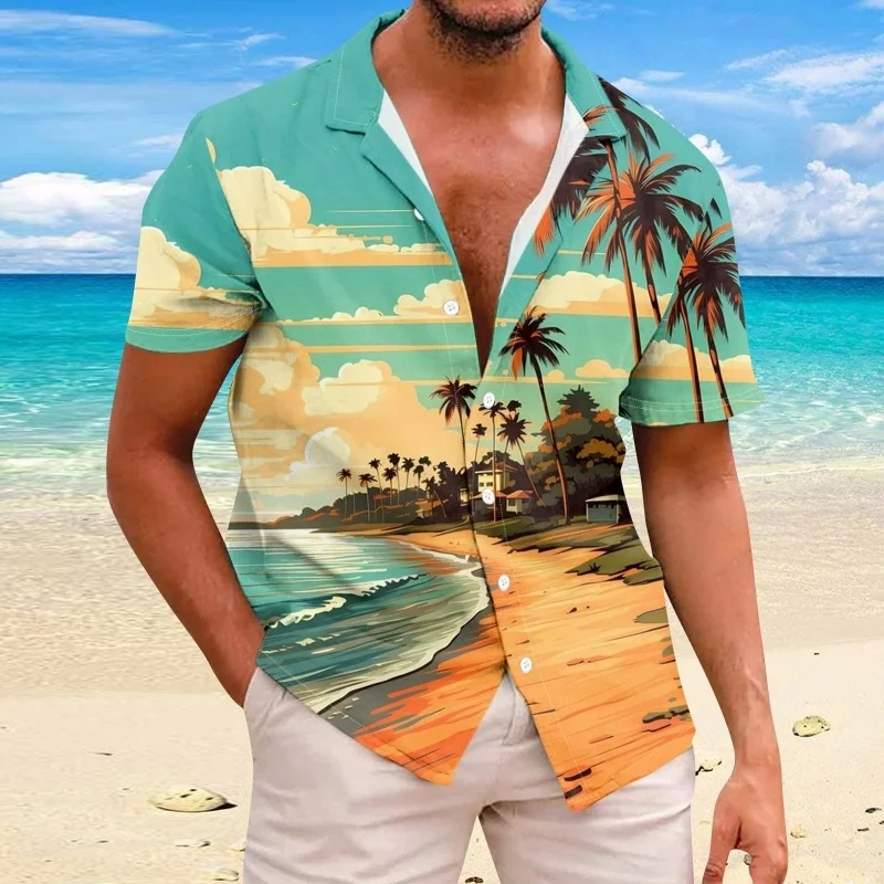 Coconut Tree Pattern Hawaiian Shirt For Men Beach Sunset 3D Print Short Sleeves Summer Oversized Aloha Shirts Lapel Blouses Tops