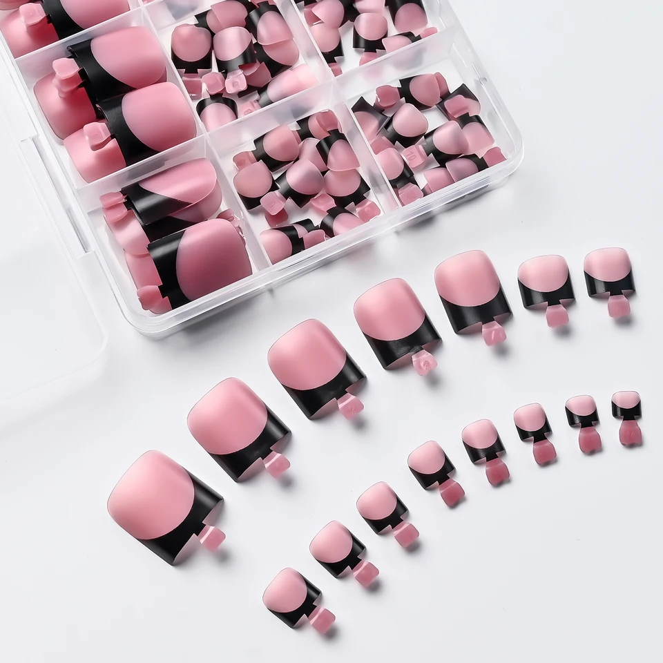 150 Piezas Uñas Postizas Para Dedos del Pie Cuadradas Cortas Negras Francesas Mate Nude Rosa Cobertura Completa Reutilizables Veraniegas 3