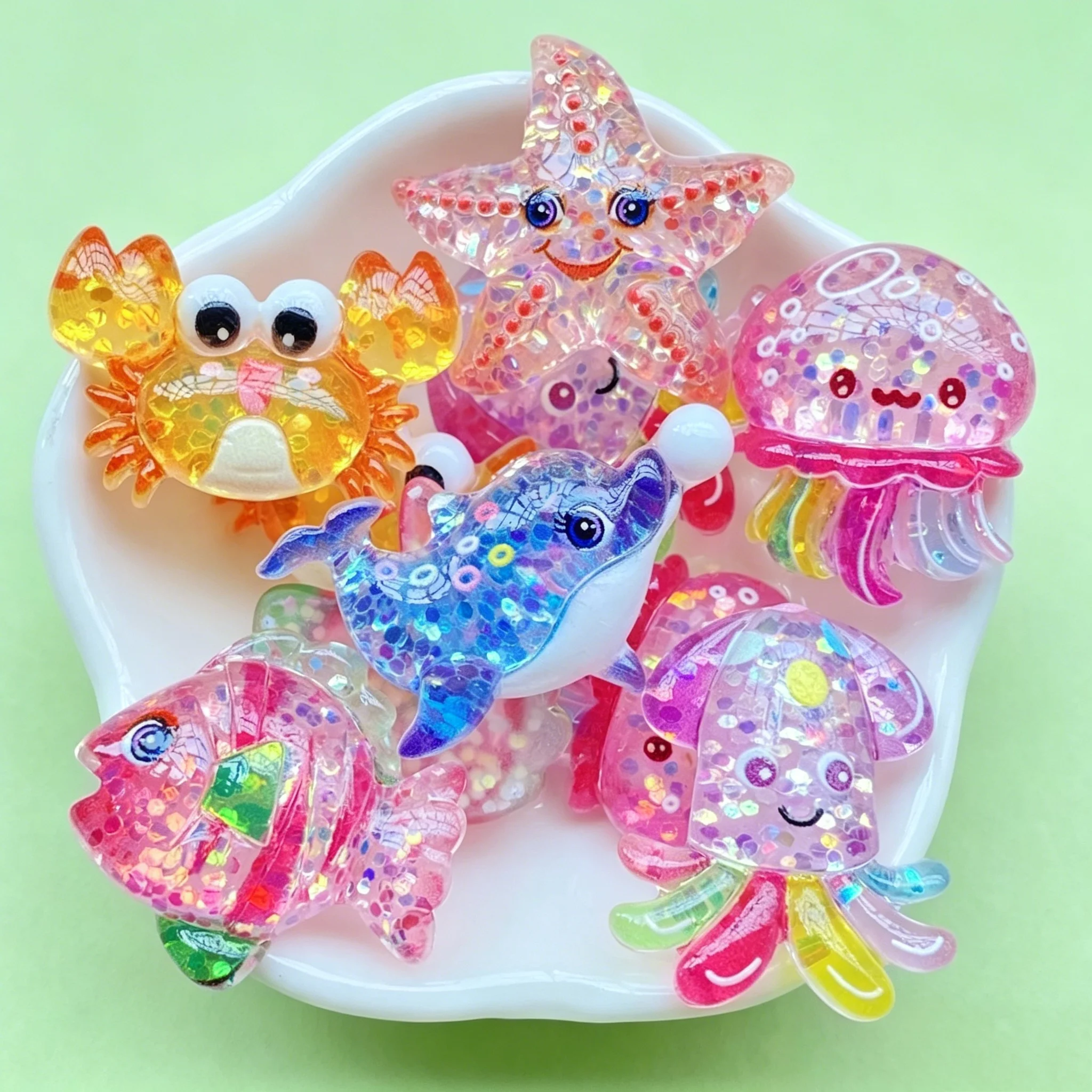Resin Art Glitter - 10個入り パステルカラー シャイニーオーシャン フラットバック レジンチャーム、イルカ カニ