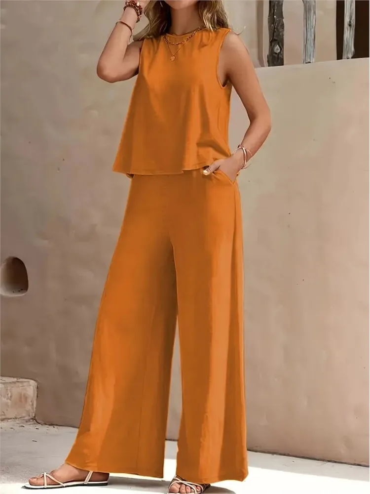

Woman's Solid-colored Sleeveless Top Two-piece Set Fashion O-neck Blouses Wide-leg Pants Suit Spring Summer Ladies Casual Outfit