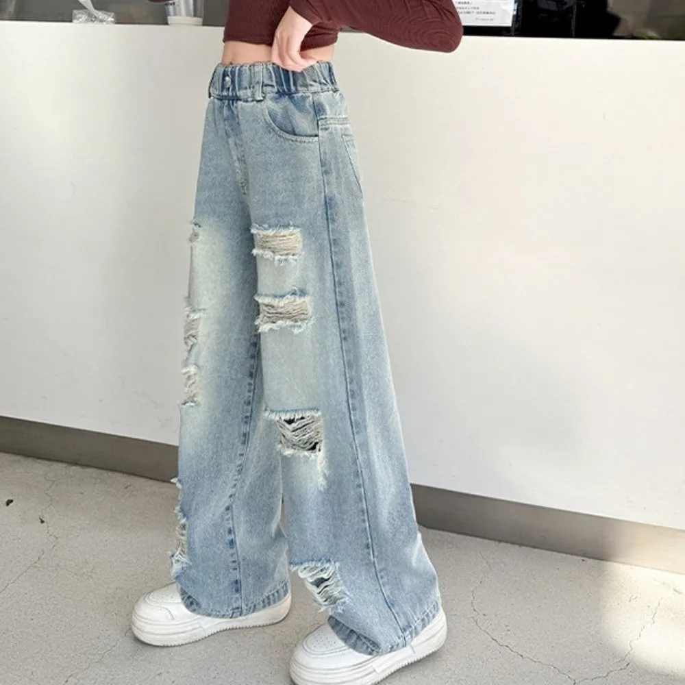 Ripped Wide Children Jeans Loose Leg Straight Blue Teen Girl Jeans Korean Style Streetwear Girls Denim Trousers Children