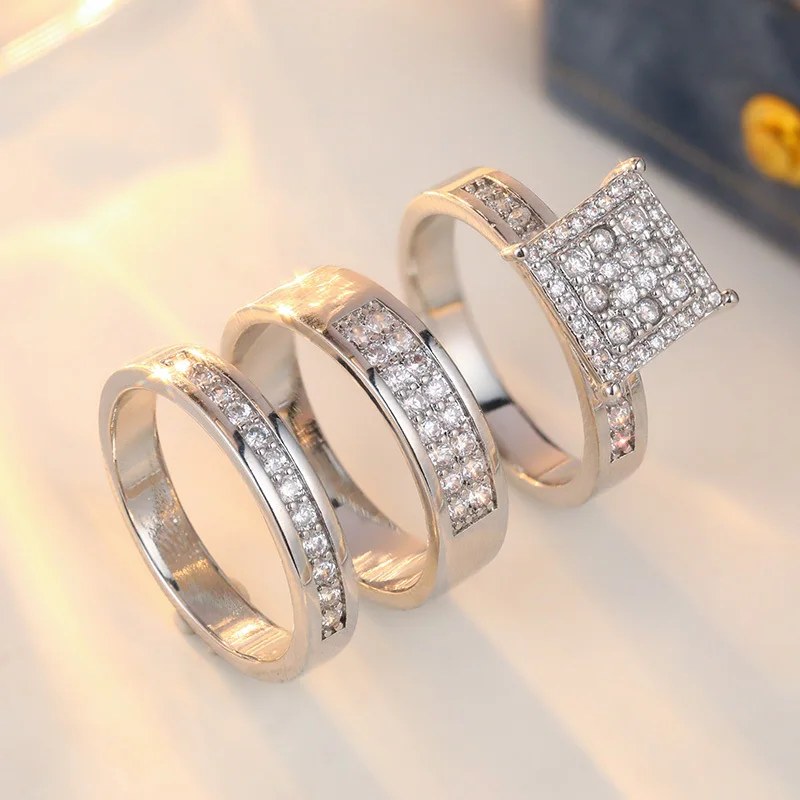 Luxurious Women's Ring Set Dazzling Synthetic Zircon Bridal Wedding Set Charming Promise Engagement Ring Jewelry Gift 3pcs/set