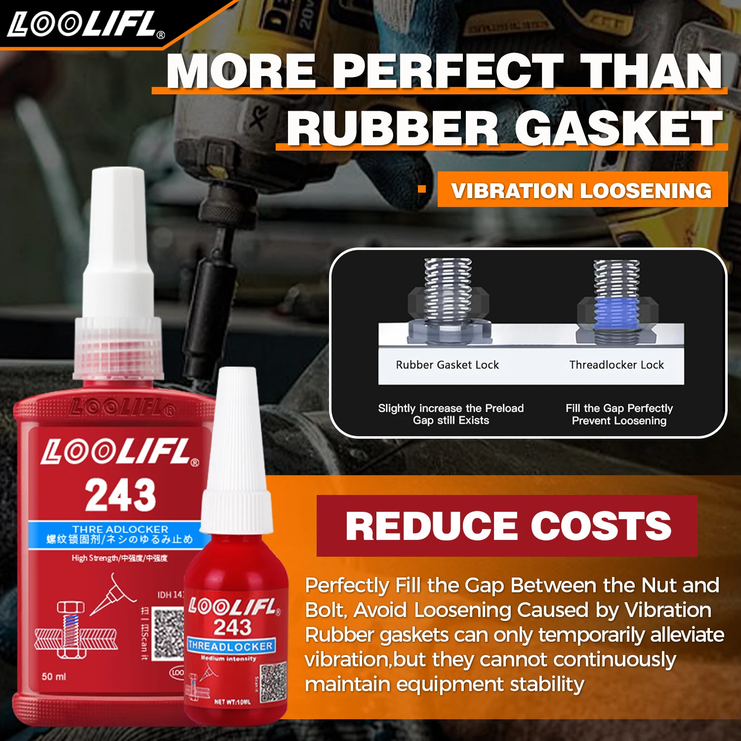 LOOLIFL 243 Mittelstarke Schraubensicherung im Großhandel – abnehmbarer Klebstoff für Muttern, Bolzen und abnehmbare Gewindebaugruppen