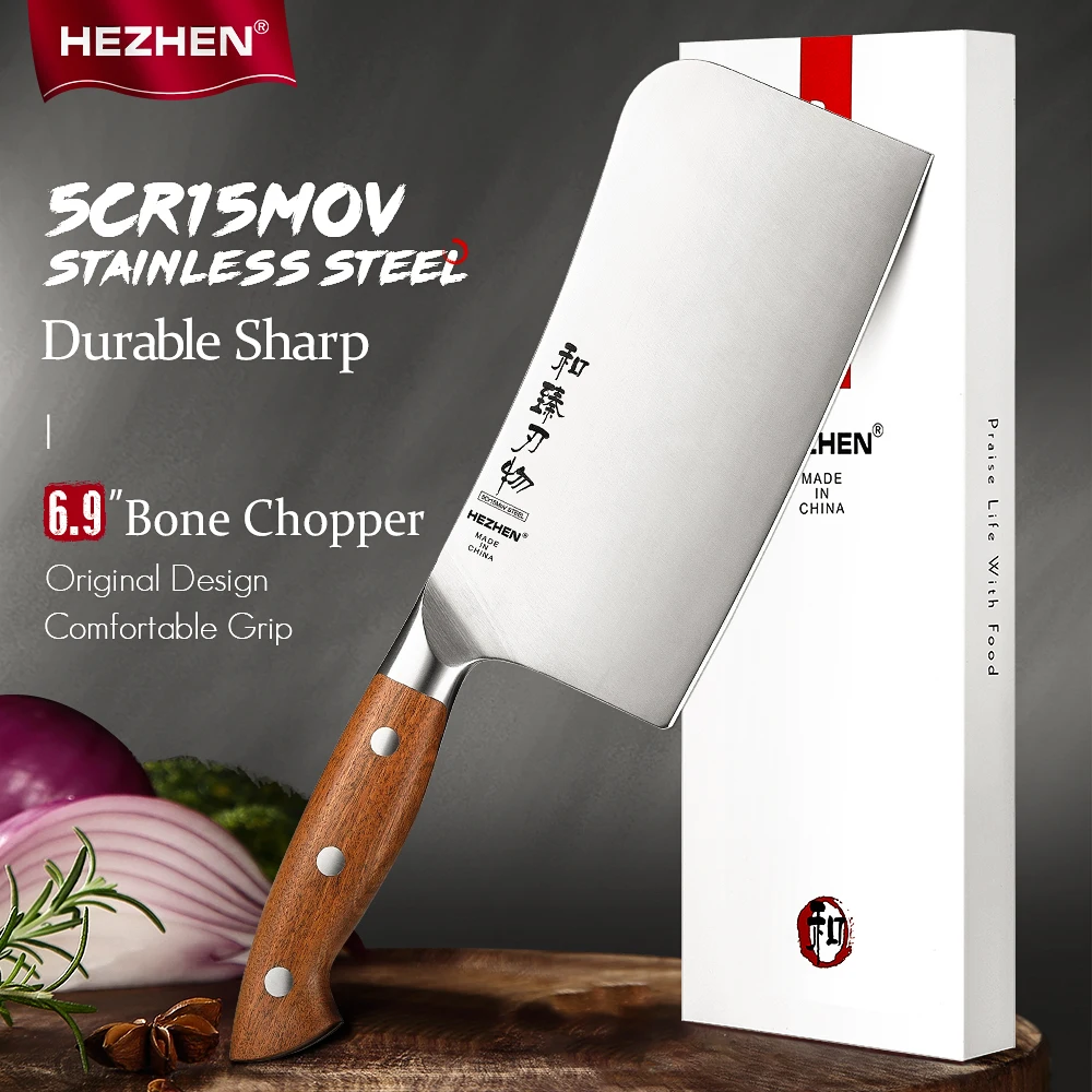 HEZHEN 6.9 Inch Chipping Knife German 1.4116 Stainless Steel  Bone Chopper Kitchen Knife Redwood Handle Gift Box