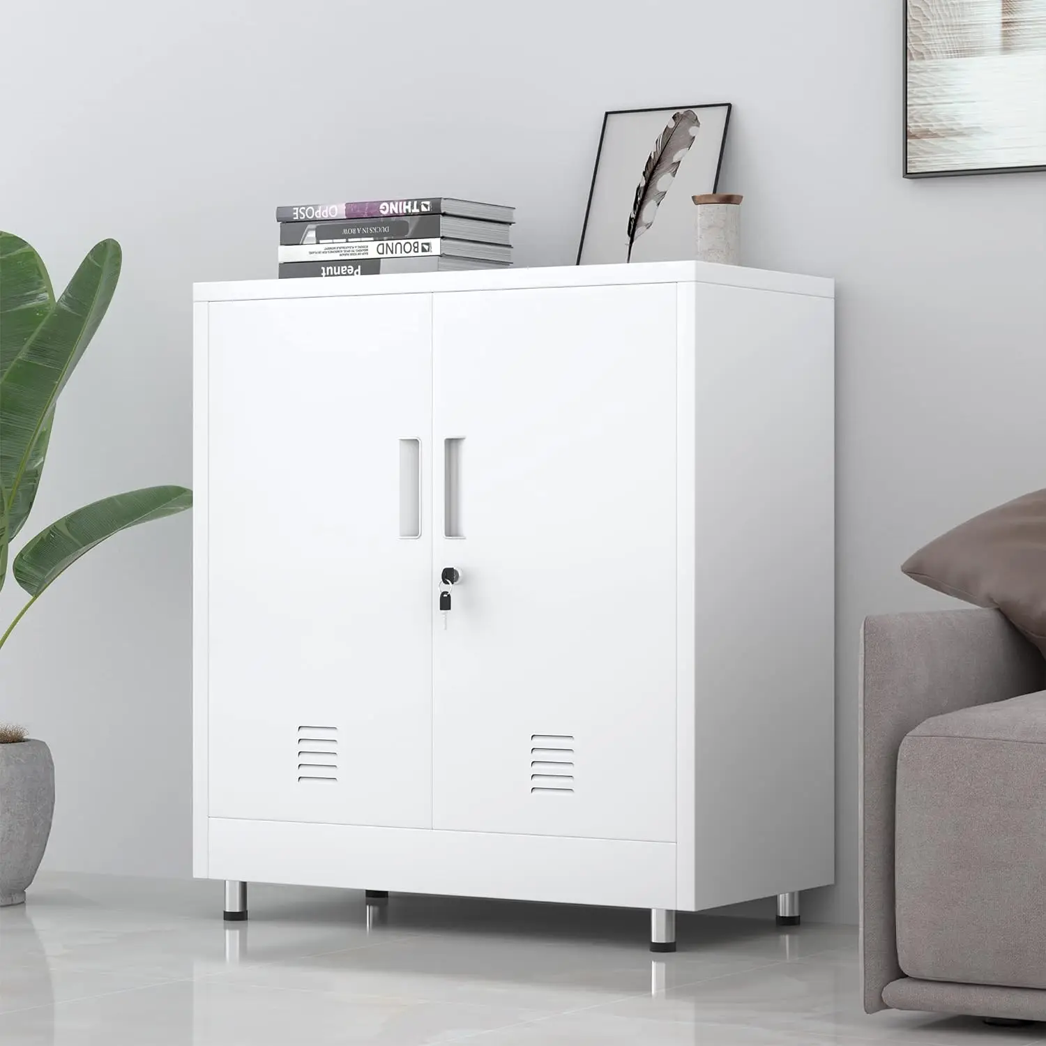 Metal Storage Cabinet with Locking Doors and Adjustable Shelf, Small Lockable Sideboard Buffet Cabinet for Home Office, Hallway