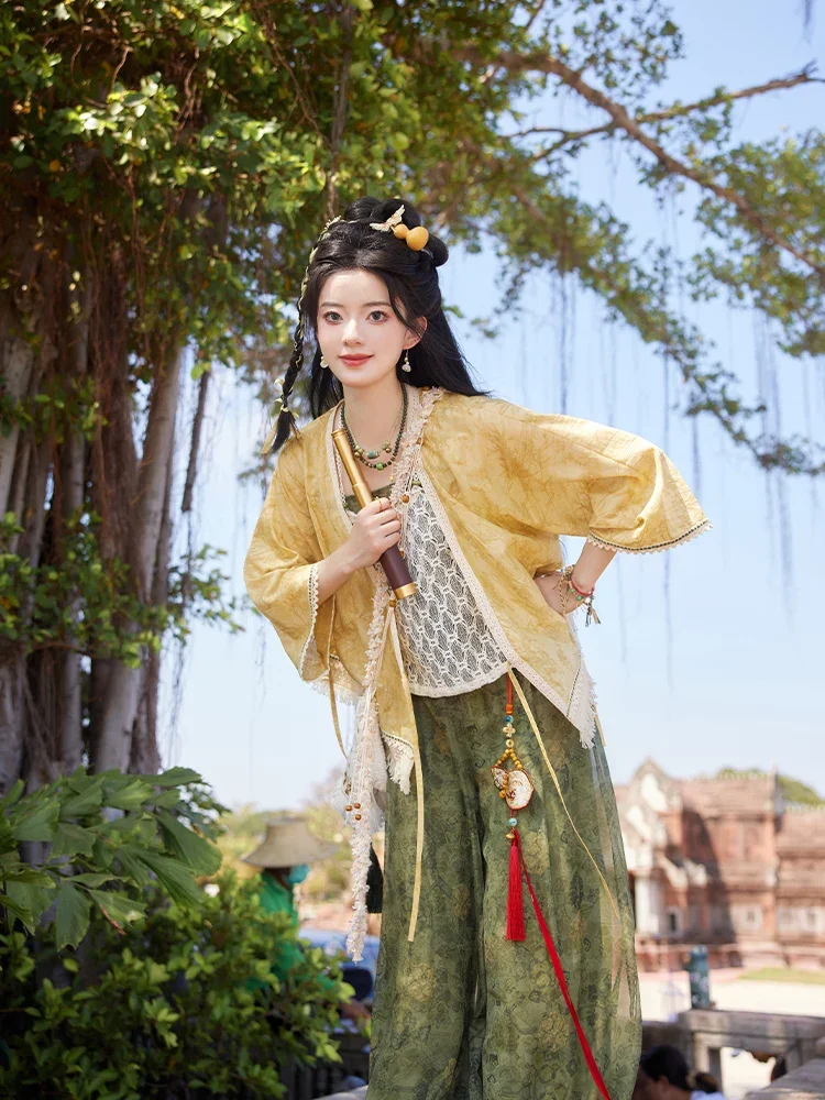 

Women's Spring Summer Chinese Traditional Hanfu Lantern Pants Chinese style casual jacket, camisole Pants Yellow Green Suit