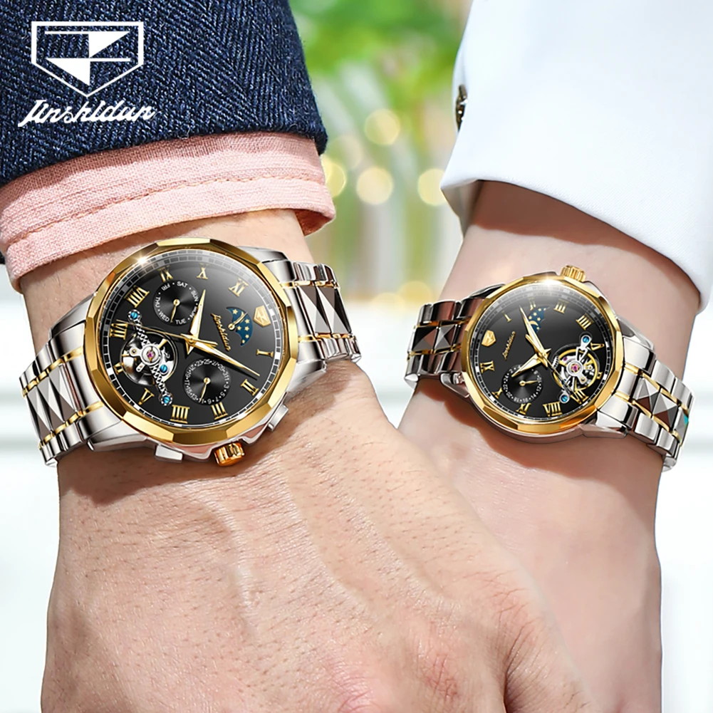 JSDUN 8937 ساعات الزوجين الرجال والنساء التلقائي الميكانيكية ساعة اليد الفاخرة الهيكل العظمي مقاوم للماء عاشق القمر المرحلة ساعة هدية