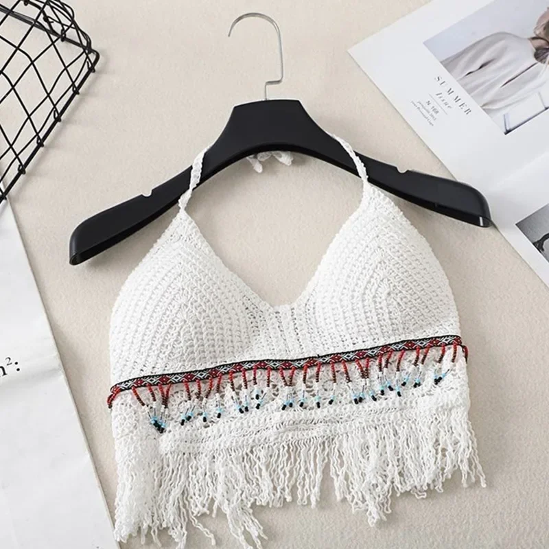 Sexy Boho Beach Holiday Camisole Halter Women Crochet Knit Swimsuit Bra Backless Vest Hollow Tassel Tank Top Women\'s Crop Tops