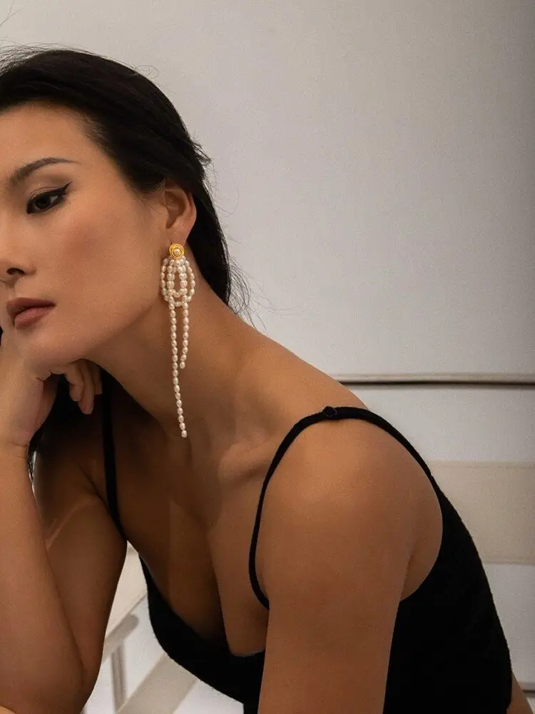 Long Tassel Real Natural Pearl Drop Earrings Women Jewelry Punk Hiphop Designer Runway Rare Simply Gown Boho Top Japan Korean