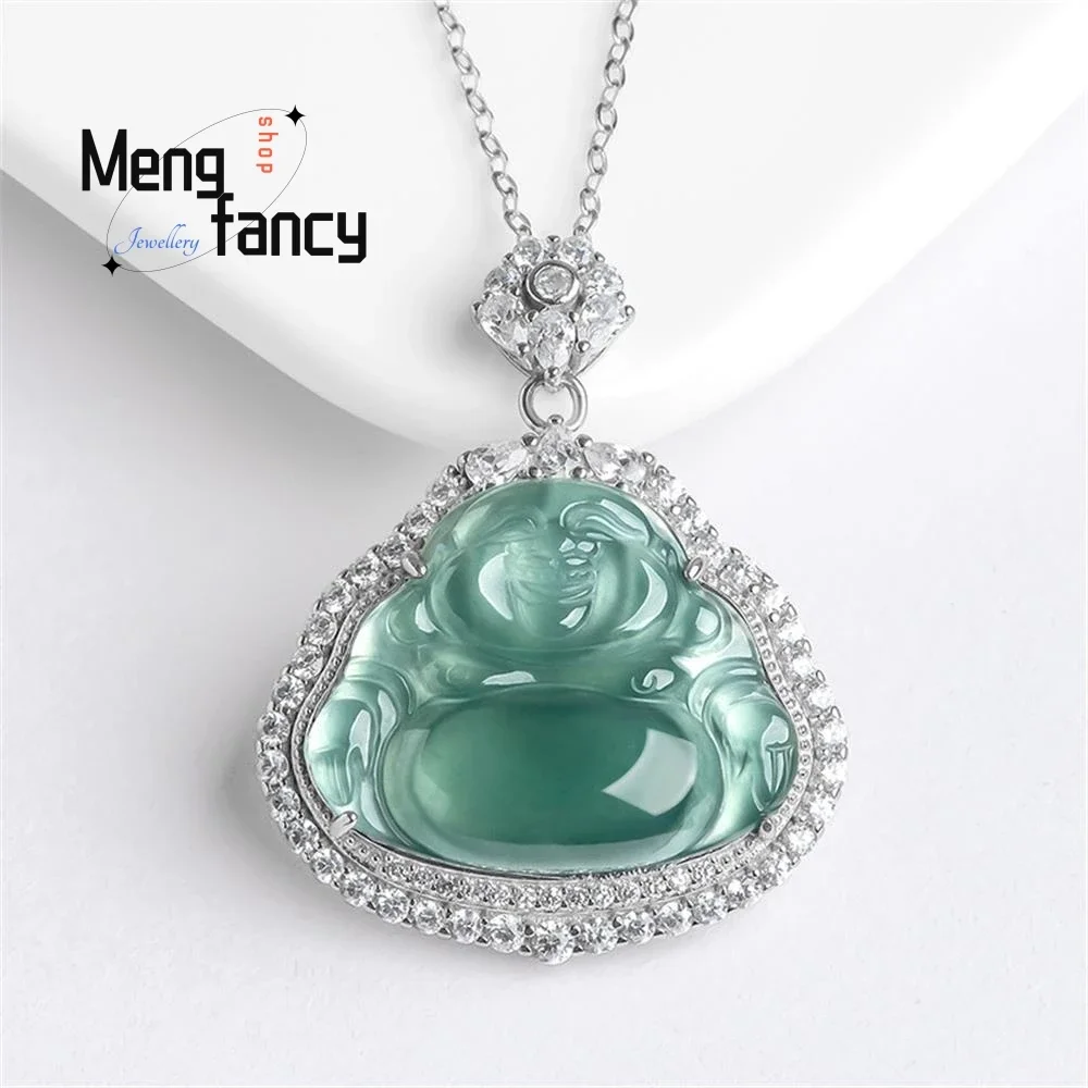 

Natural A-goods Jadeite Ice Blue Water Buddha S925 Silver Inlaid Jade Pendant Exquisite Elegant Mascots Fashion Luxury Jewelry