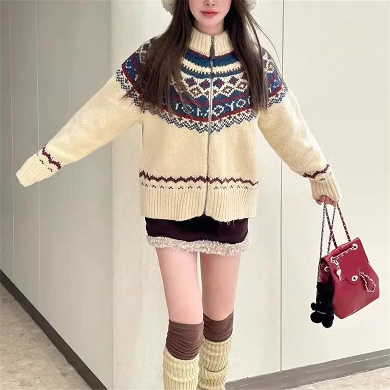 Sweater Women's Autumn and Winter Thick High Neck Knitted Cardigan Loose and Lazy Style College Style Jacket Women's Clothing