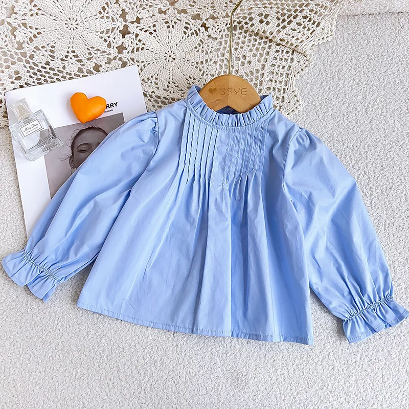 Baby Girls Cotton Shirts French Stand Collar Long Sleeved Blouses Spring Autumn Solid Color Girls Shirt Tops 2-8Years