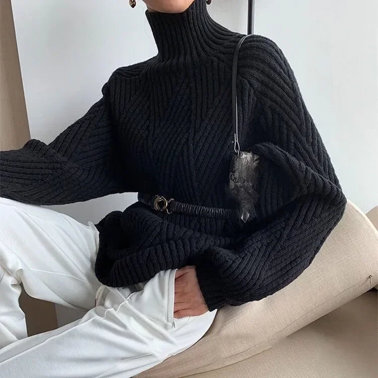 Sweaters Pullovers Women Autumn Turtleneck Full Sleeve Casual Loose Y2k Tops Maxi Jumpers Knitted Spliced Thick Warm Winter