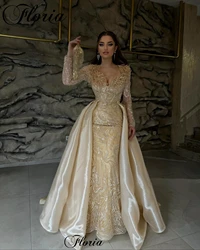 Two Pieces Champagne Evening Dresses With Detachable Train Long Sleeves Wedding Party Dresses Mermaid Vestidos De Gala Gowns