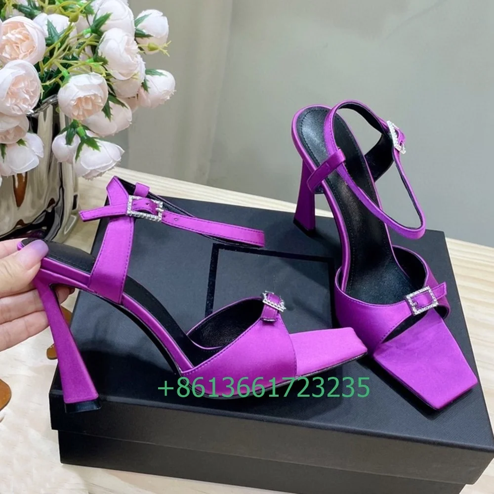 2025 Women New Style Sandals Square Toe Stiletto Heel Shoes Square Buckle Crystal Bling Bling Sandals Summer Shiny Sexy Pumps