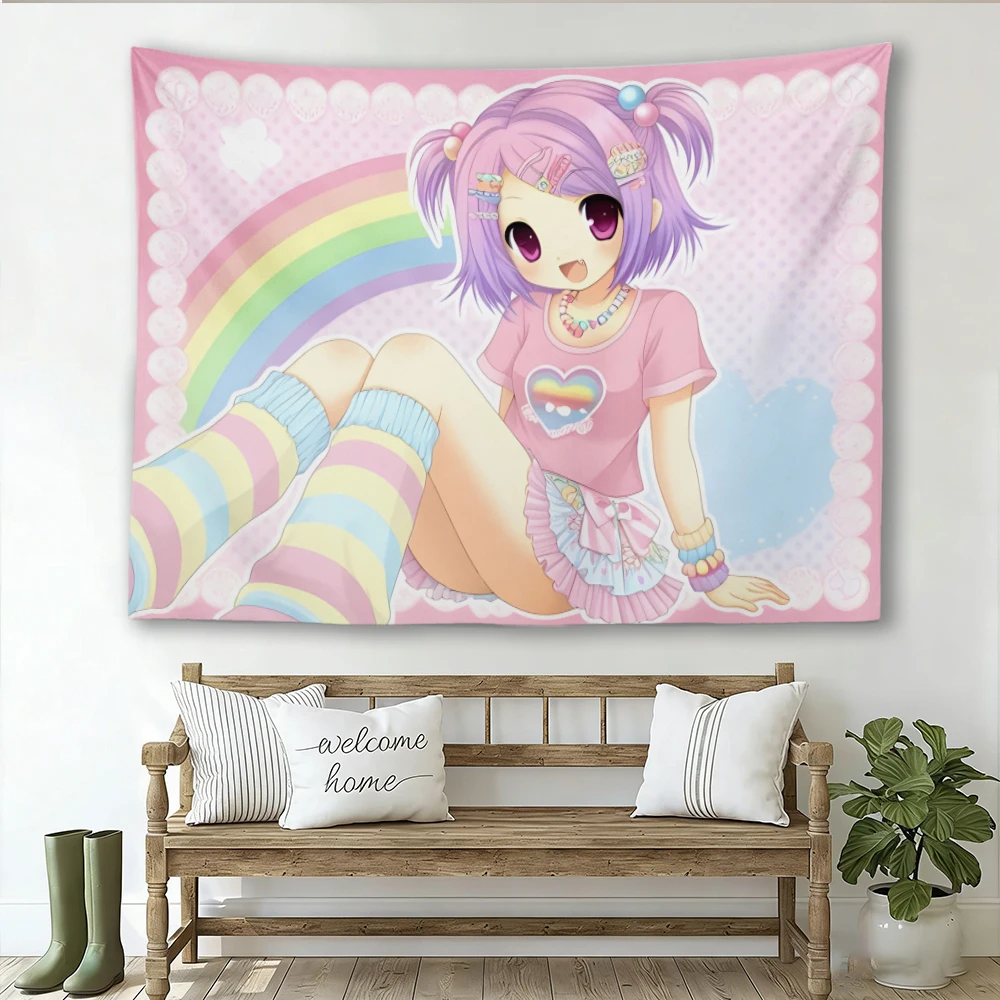 Cute Pastel Anime Girl Tapestry, Rainbow Background Pink Purple Hair Wall Hanging Cloth, Aesthetic Bedroom Dorm Room Home Decor