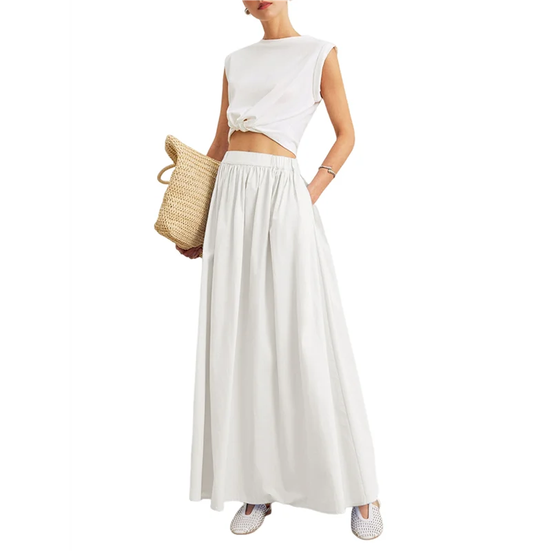 

CYL-Womens Summer Long Skirt High Waist Pleated A-Line Casual Flowy Fairy Skirts