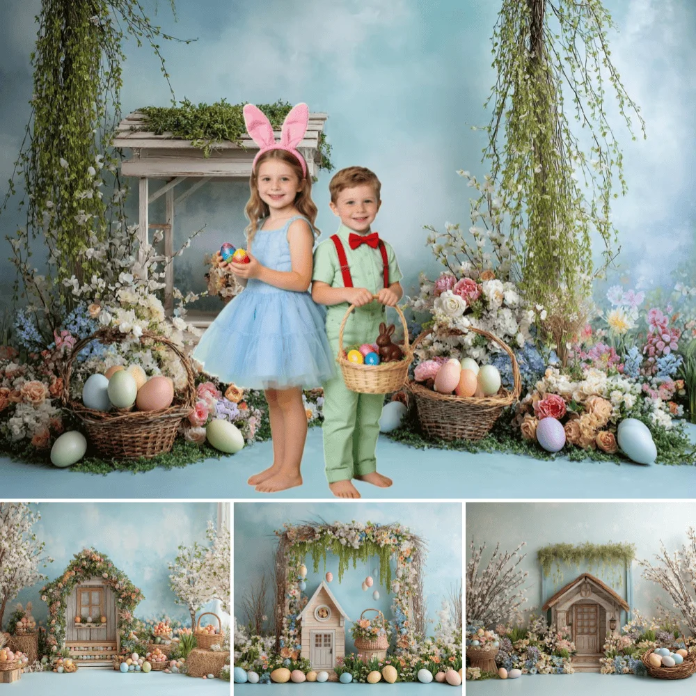 

Spring Flowers Photography Background Rabbits Eggs Kids Birthday Cake Smash Banner Easter Portrait Decor Backdrop Photo Studio